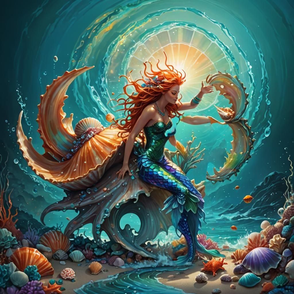 Rainbow mermaid inside a seashell being attacked by a land crab.