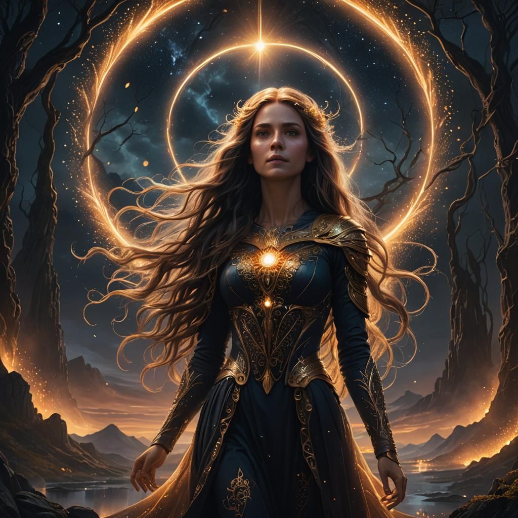 Woman Radiating Light in Mystical Night Landscape