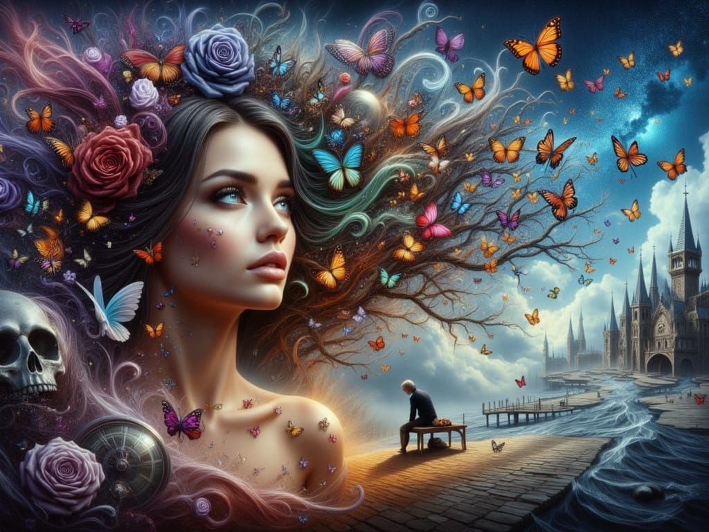 <lora:FiosTimeWarp:1.0> art by miki asai & jasmine becket griffith, anne stokes." A girl in the middle of turning into a herd of butterflie...