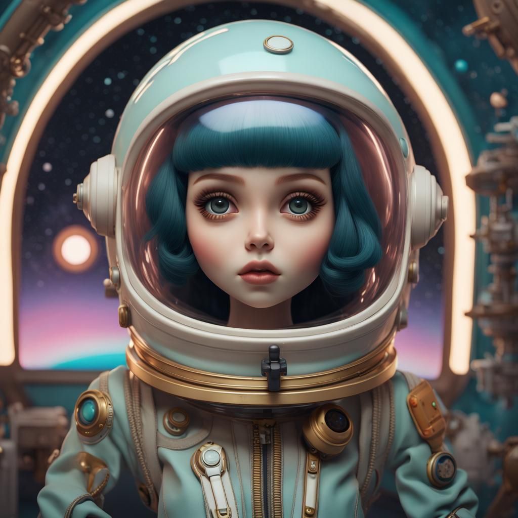 Neo blythe female face wearing retro space uniform with round space helmet in spaceship, Mark ryden aesthetic
