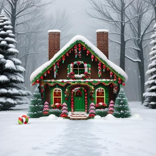 A fantastically detailed gingerbread house in a snowy winter...