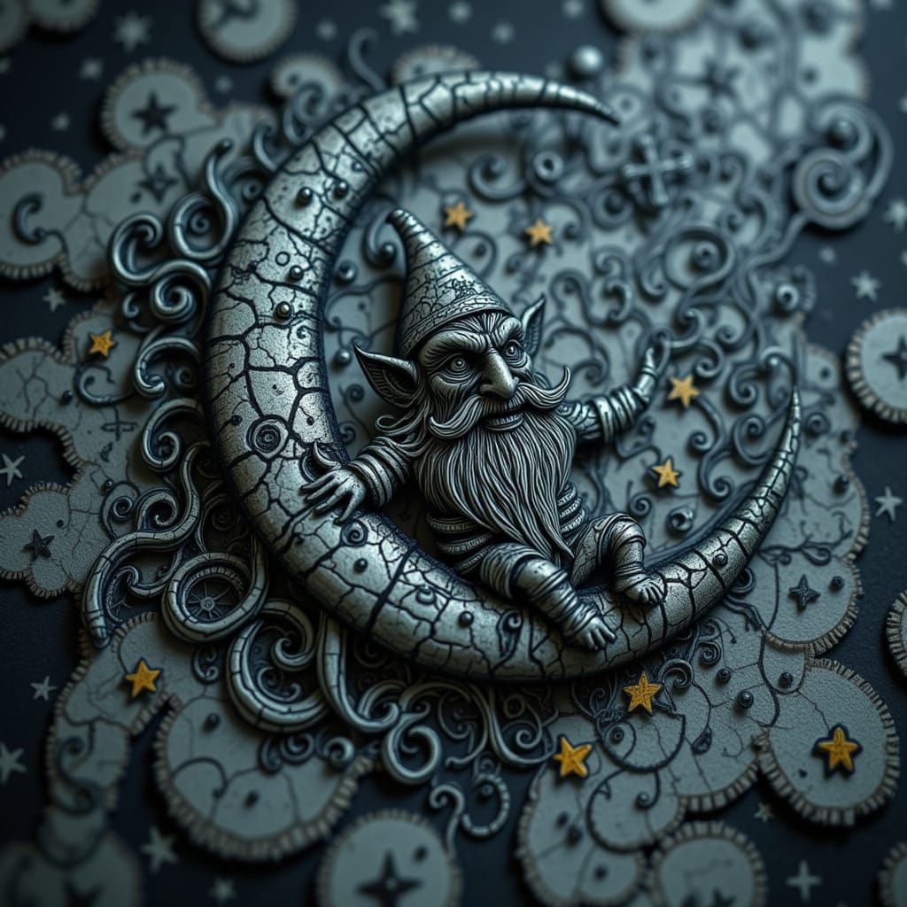 <lora:DreadKnot Theory:1.0> an extreme close up of a gnome sitting on a crescent moon surrounded by clouds and stars