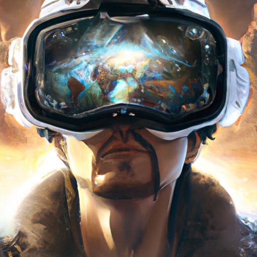 Man wearing big VR glasses with picture of Earth placed on t...