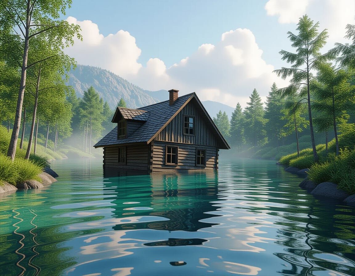 Rustic House Sinking in River Nature Scene