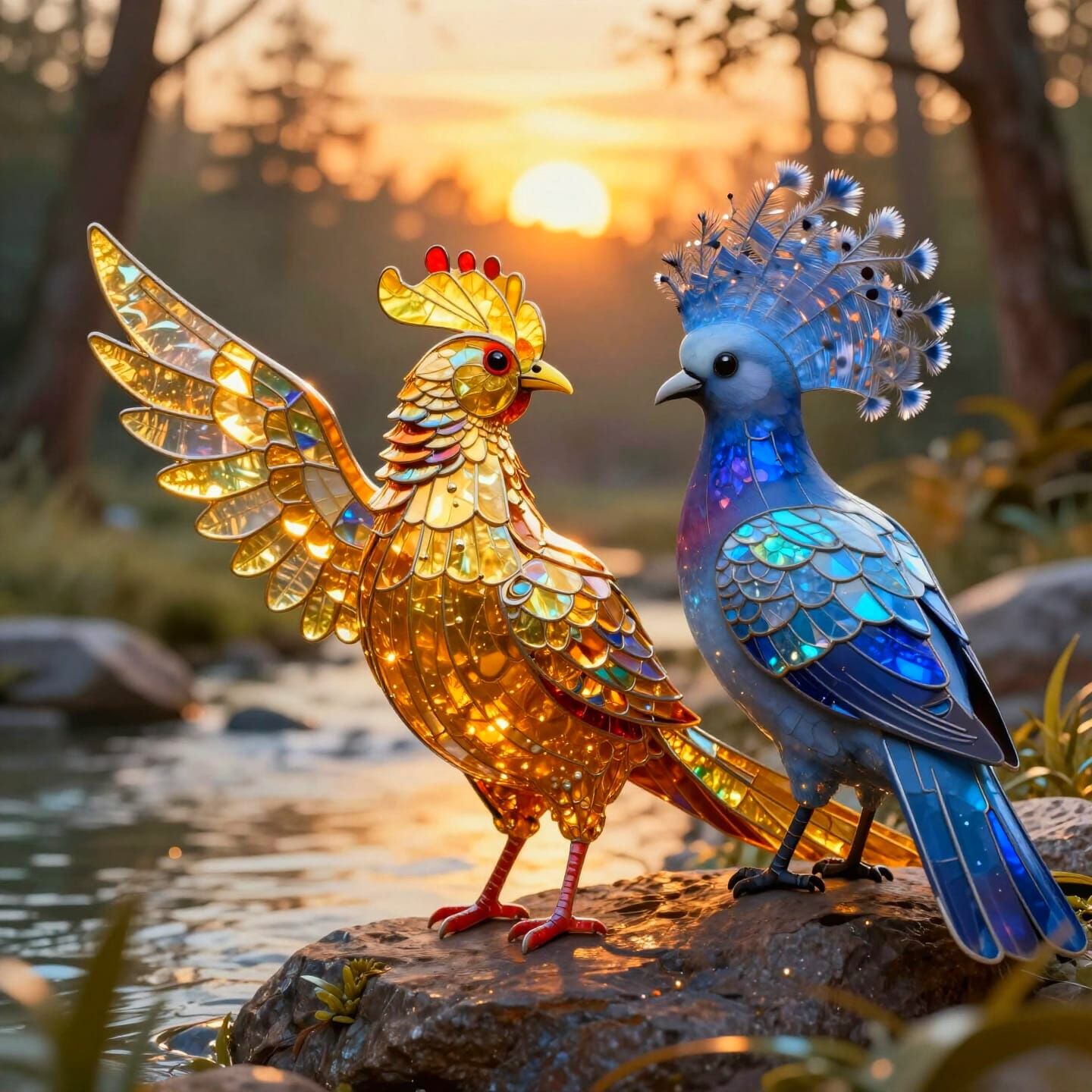 Golden Pheasant & Pigeon Stained Glass Portrait at Sunset
