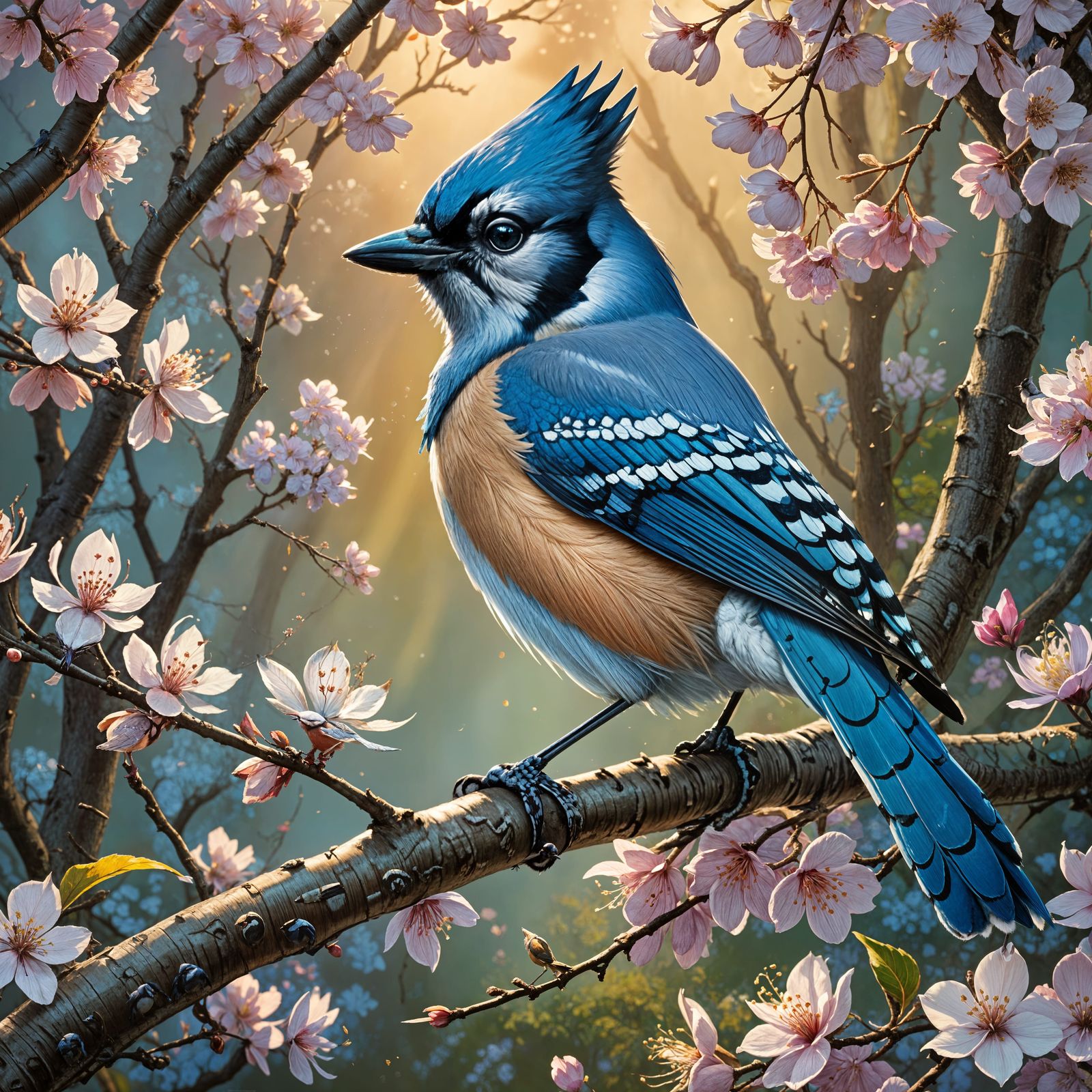 Blue Jay (Cyanocitta cristata) bird with cherry blossoms  by @Bunnzo