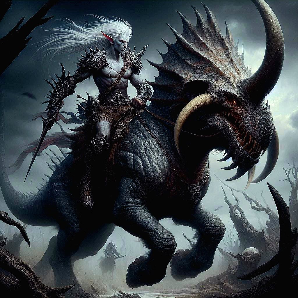 Elven warrior and dinosaur