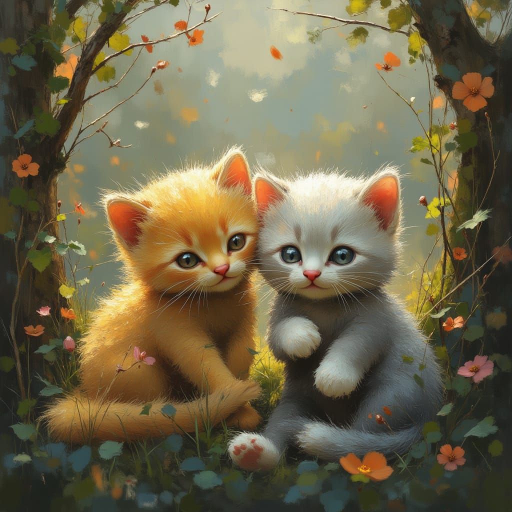Gold and Silver Kittens in Ethereal Clearing