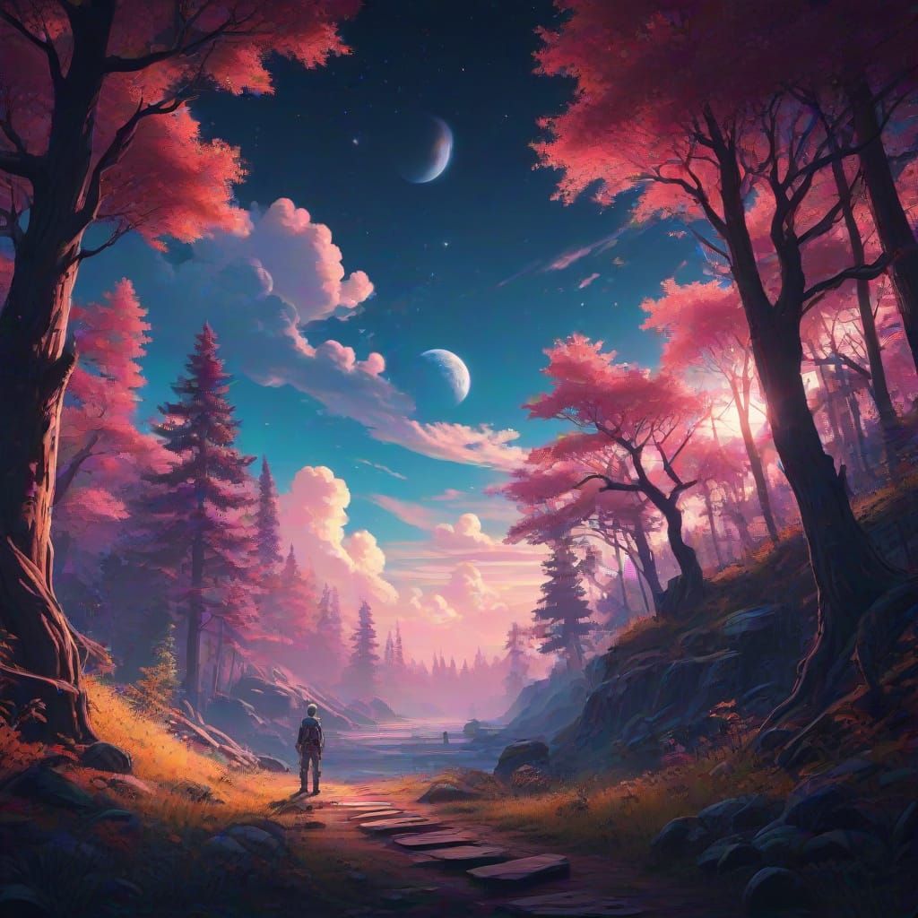 Ethereal Cosmic Fantasy Landscape in Vibrant Anime Style