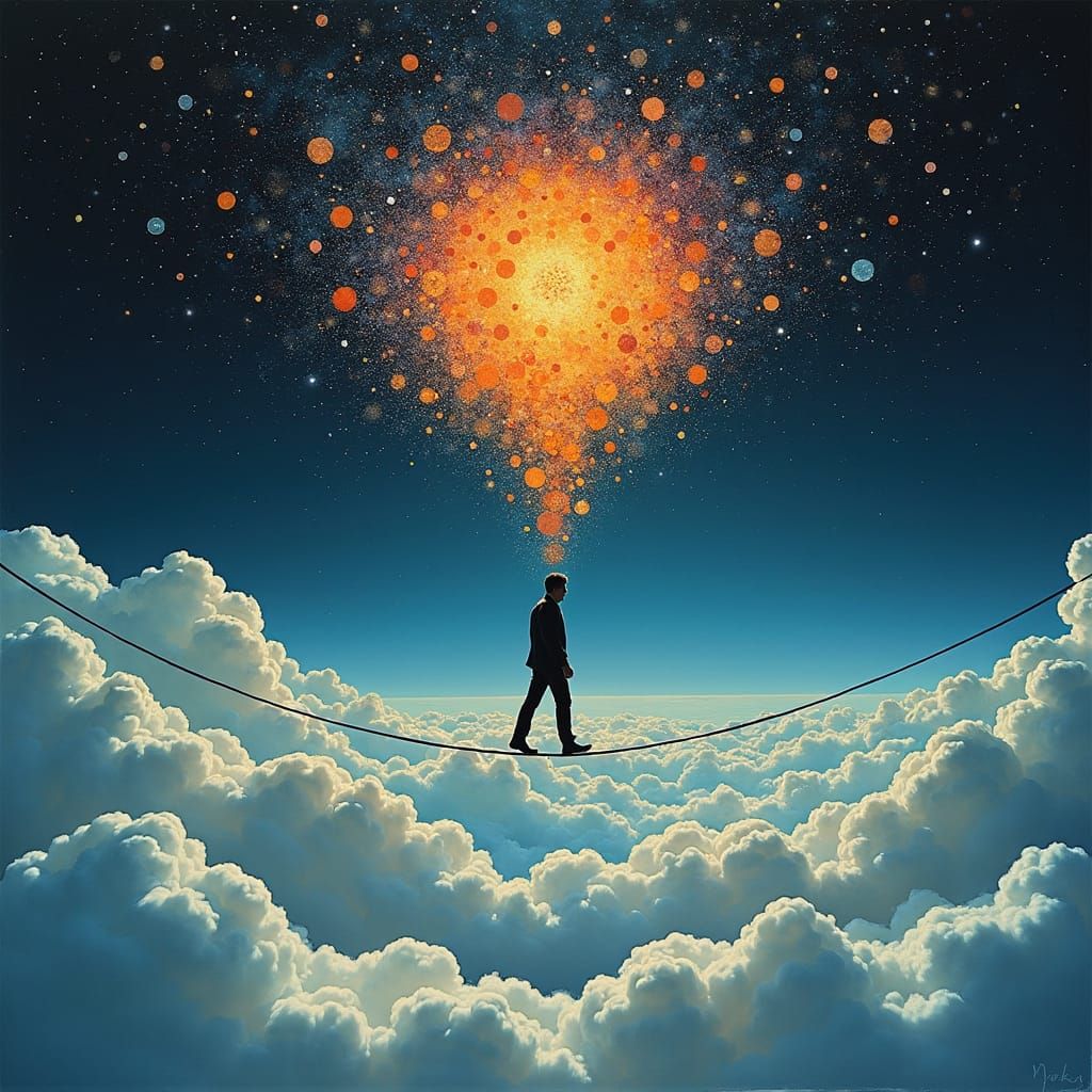 Dreamscape: Sleepwalking Man in Surreal Night Sky
