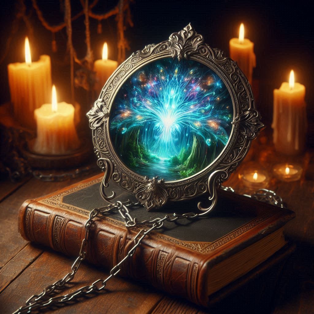 A magical Elvin mirror sitting on top of an old magical grimoire