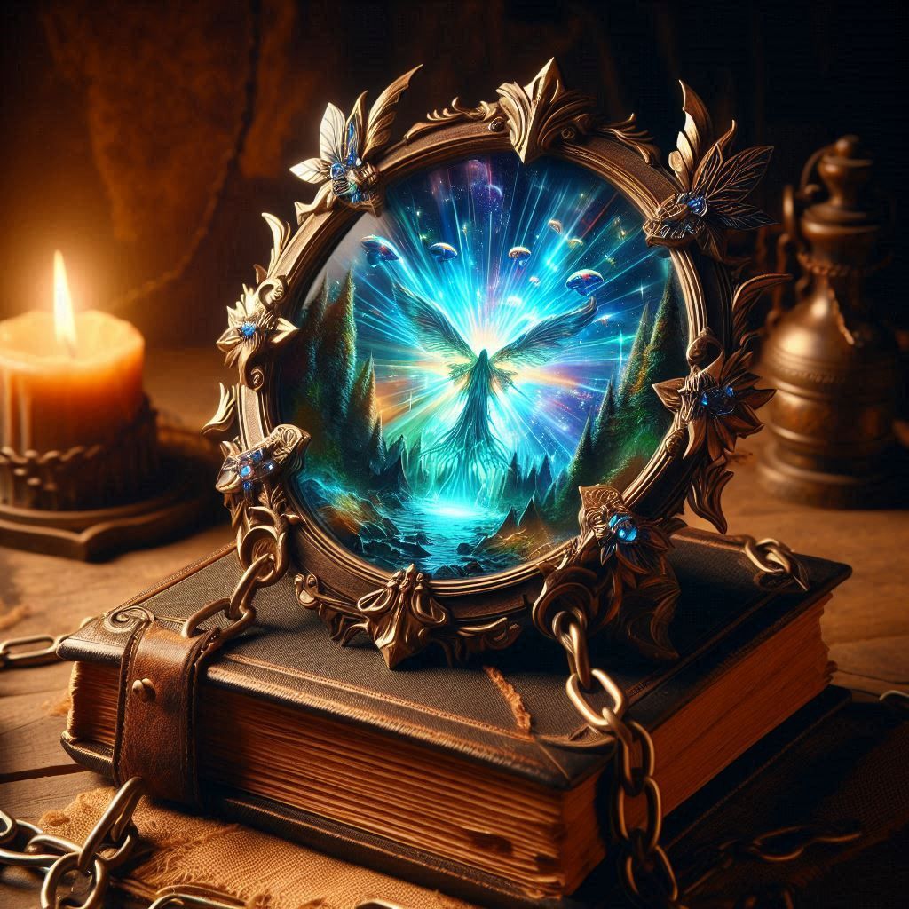 A magical Elvin mirror sitting on top of an old magical grimoire