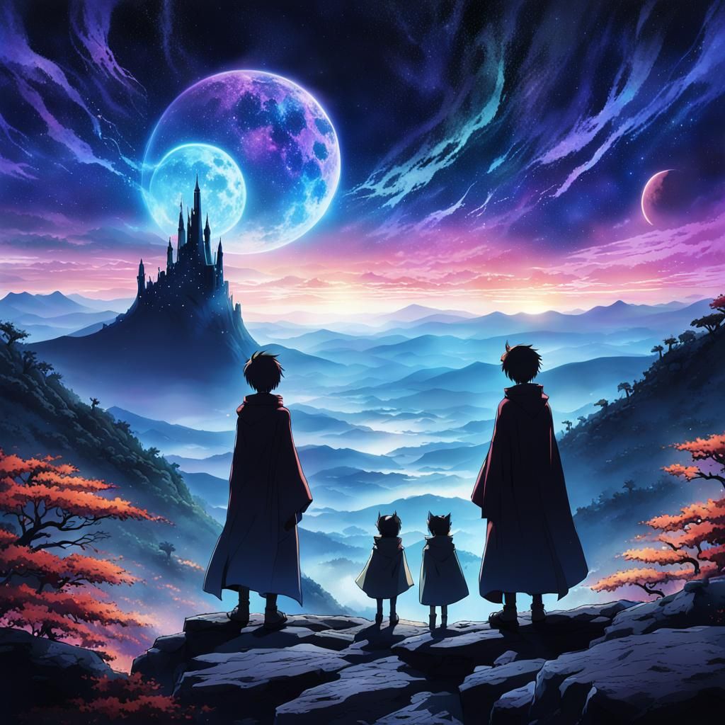 Surreal Anime Wizards Overlook Galaxy in Manga Style