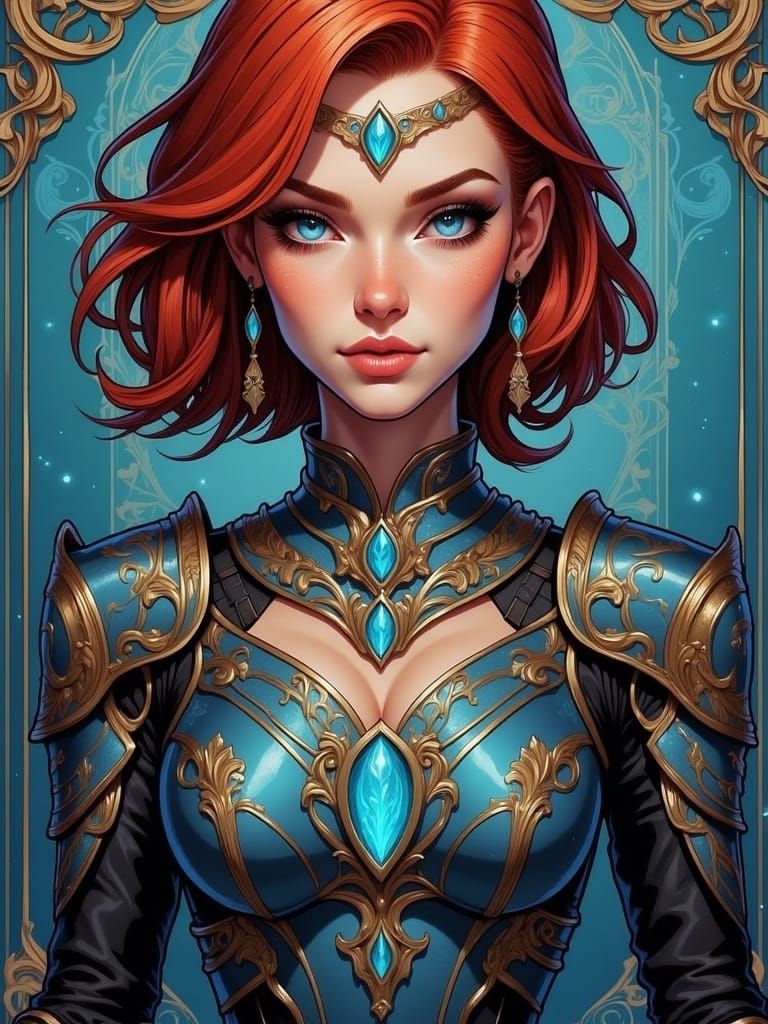 <lora:5E-fl:1.0> Beautiful highly detailed ornate intricate serious bionic woman with perfect face and gleaming blue eyes, chest covered in...