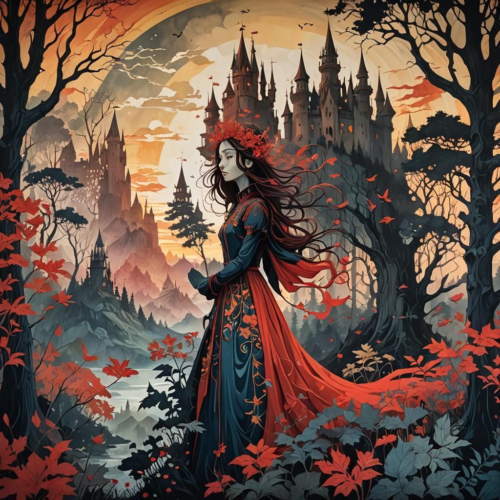 Mural design fusing a fantastical scene of a beautiful lady ...