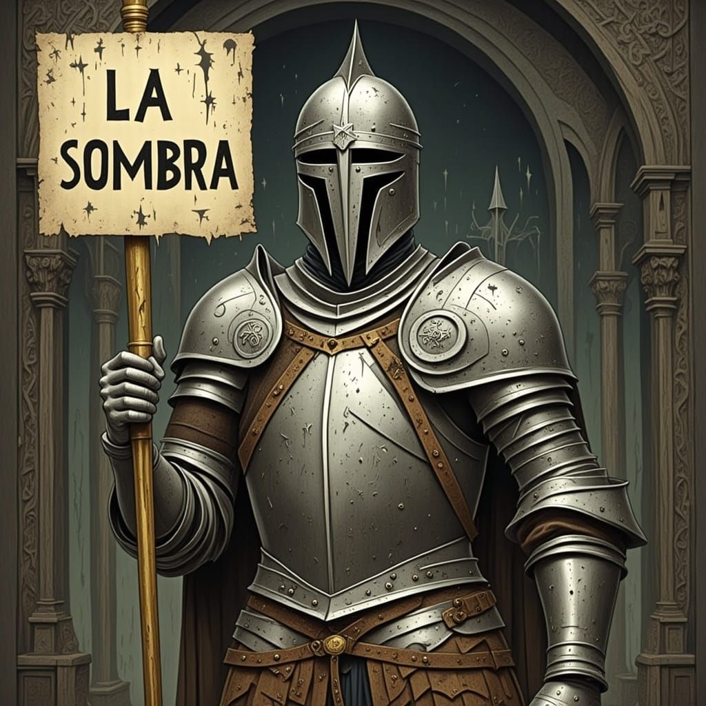 <lora:LA SOMBRA:1.0> Portrait of a knight holding a sign with “LA SOMBRA” written on it 
