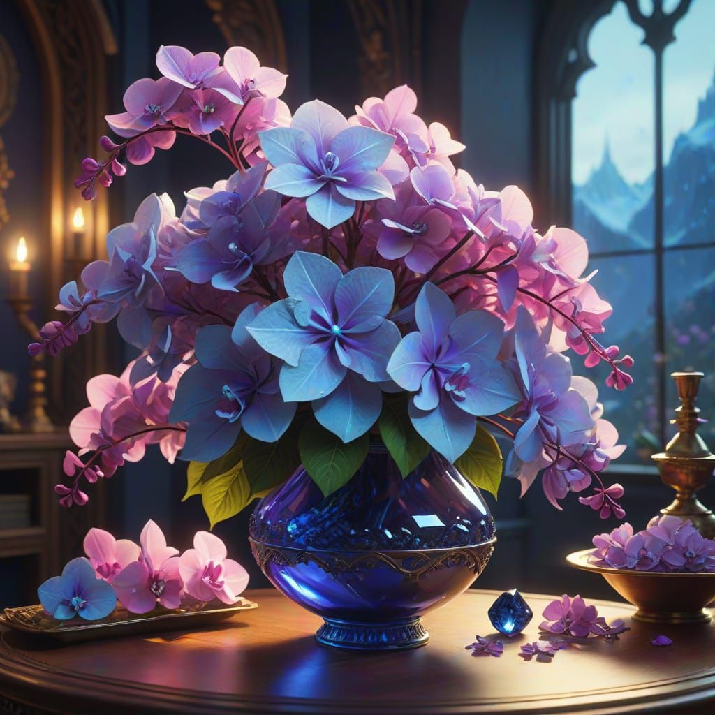 A hydrangea, phlox and orchid crystal glass flower arrangement