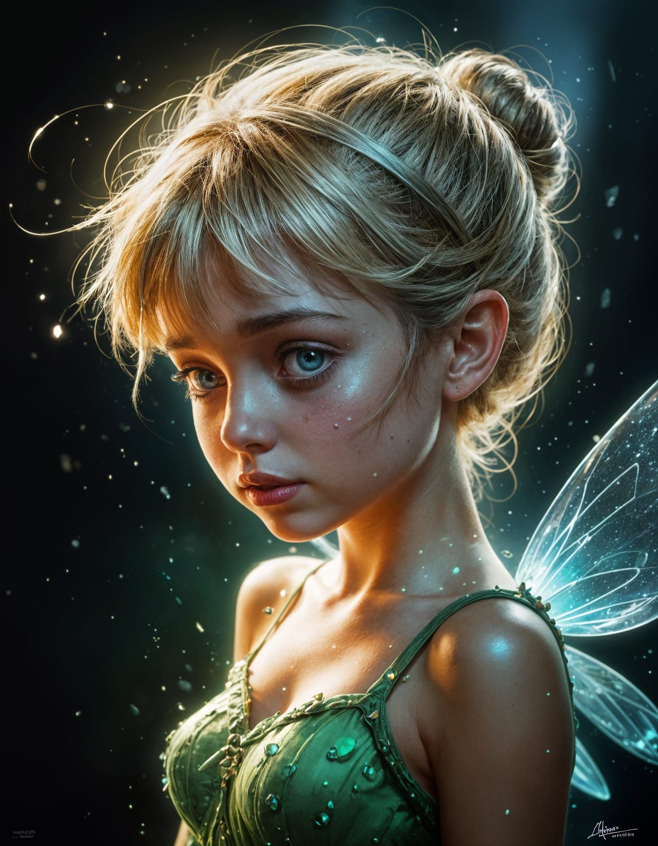 crying Tinkerbell head and shoulder portrait ; digital art in Midjourney style by Gil Elvgren, Alex Ross and and CGSocie...
