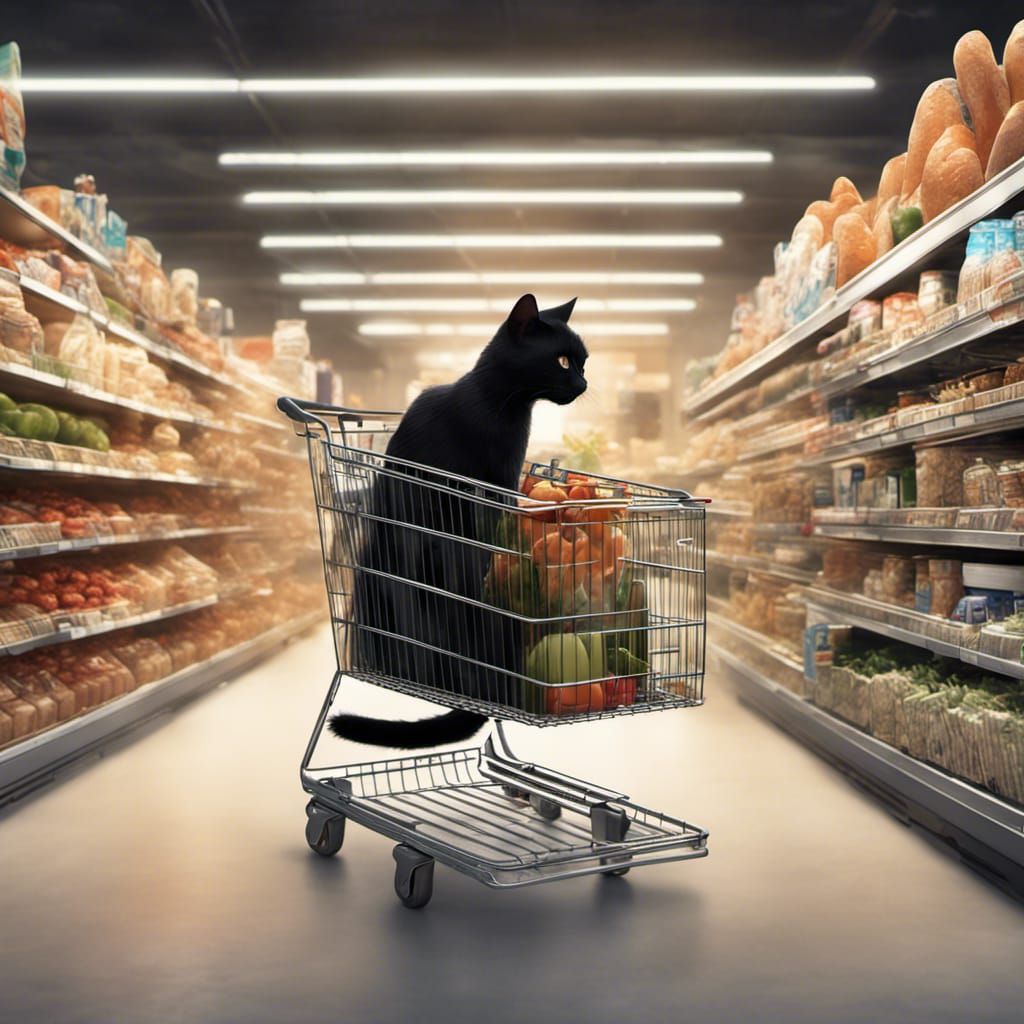 Black cat in a house dress pushing a grocery cart in a super...