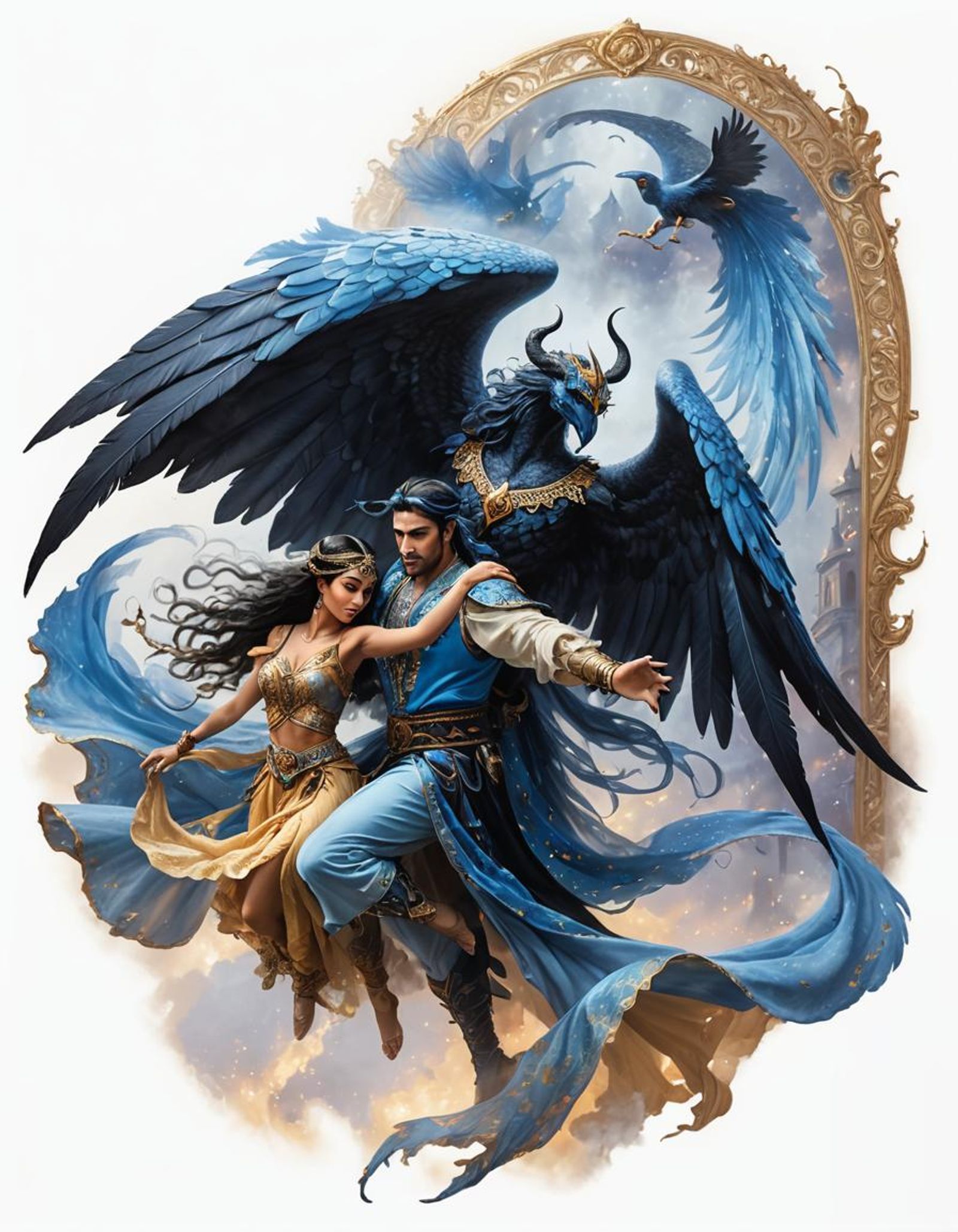 a male blue dijnn with black leathery wings and claws flying away