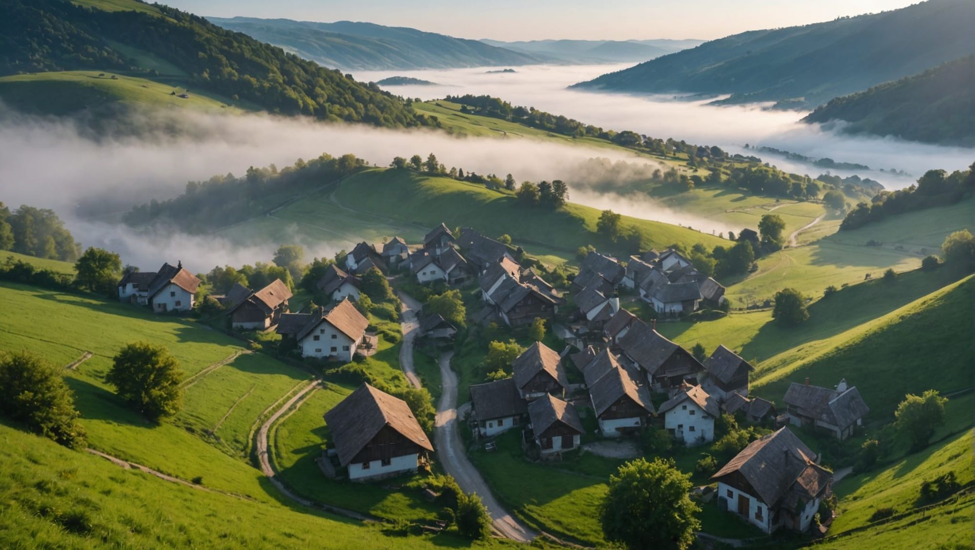 a foggy valley, a foggy ravine, a foggy village