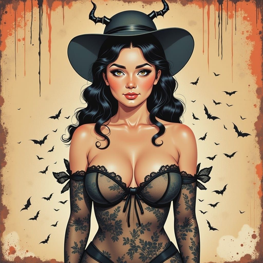 full body,Cute girl pin up art, ethereal, a lace character, smirk expression, against a grunge auburn and nyanza background, triple exposure...