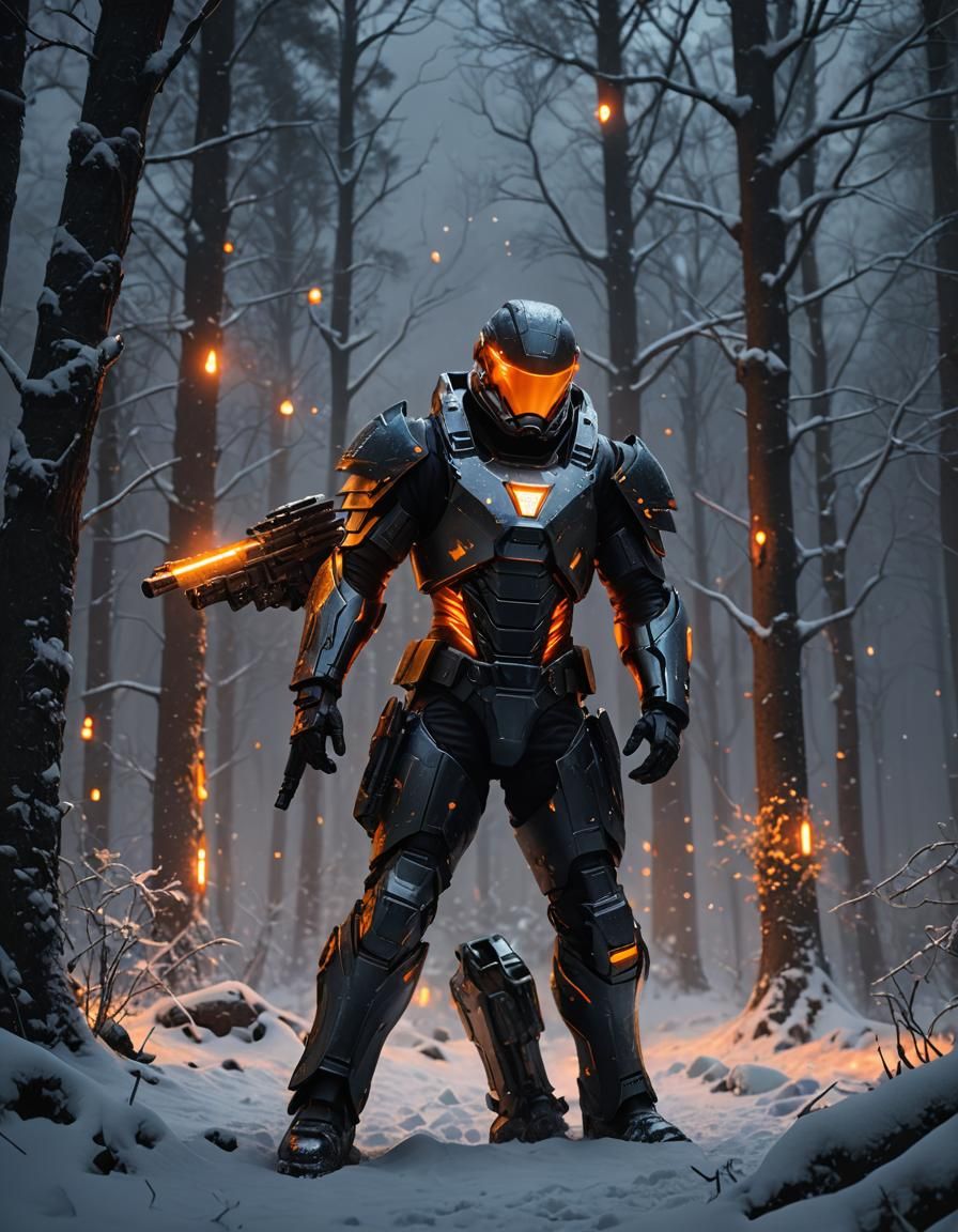soldier dressed in a dark metal suit with orange lights, sno...