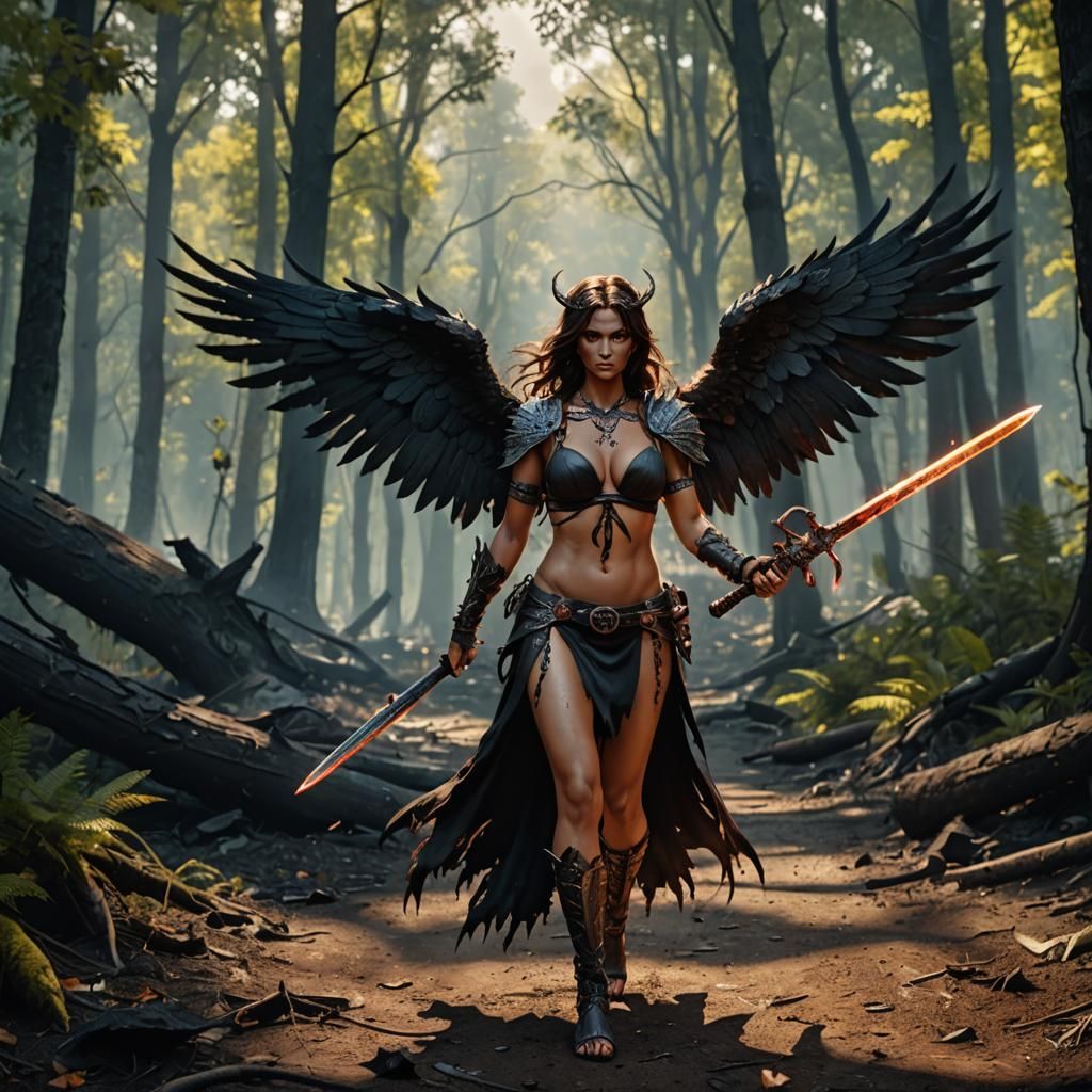 A dark angel walks along a path in the forest