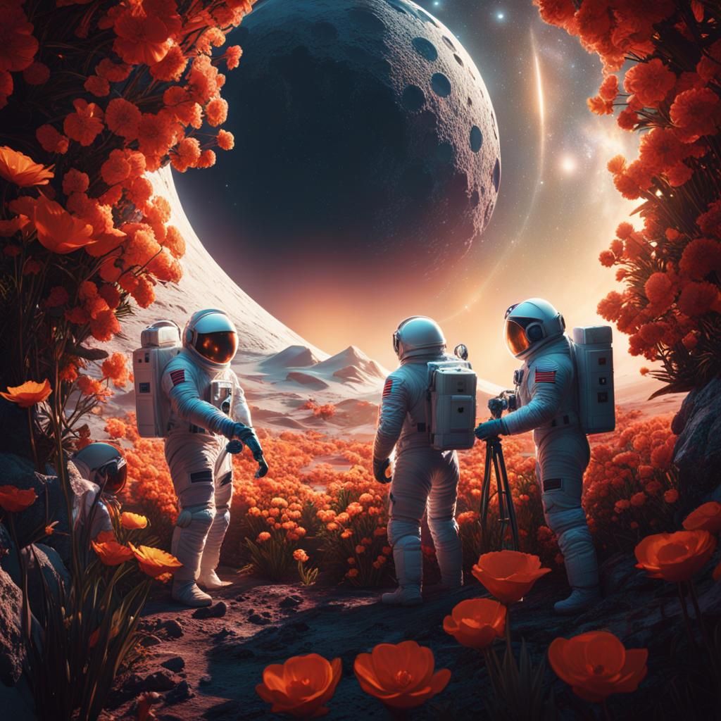 Three men in spacesuits tending to the flowers in a geodesic...