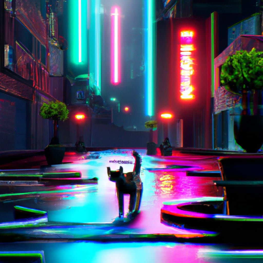 Stray cat wandering neon city