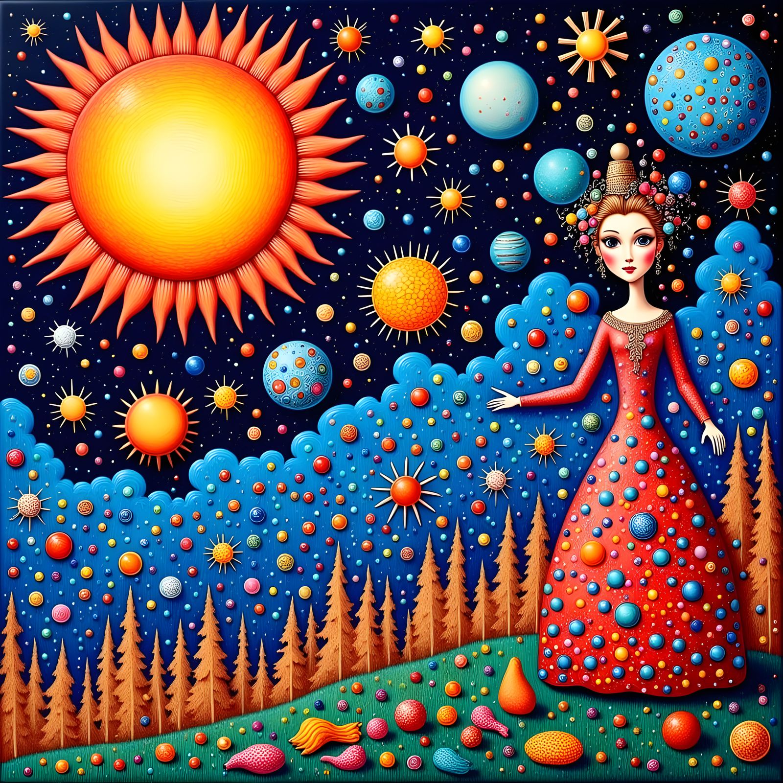 <lora:Macabre:1.0>  Insanely intricate  beautiful sun, Sun, moon and stars by Laurel Burch