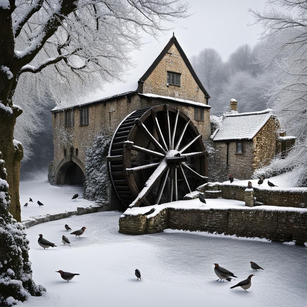 Frozen waterwheel in a medieval English village. Cold people...