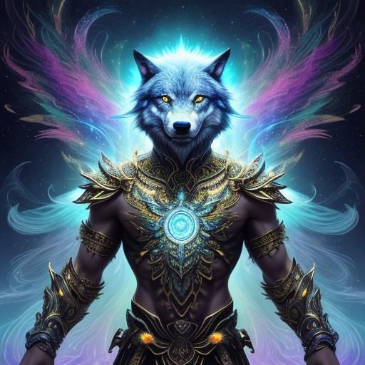 Hyperrealistic portrait of a beautiful wolf man wearing intr...