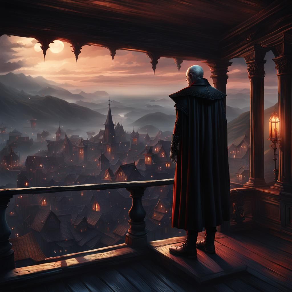 VAMPIRE stood on windows porch looking out over a sleeping t...