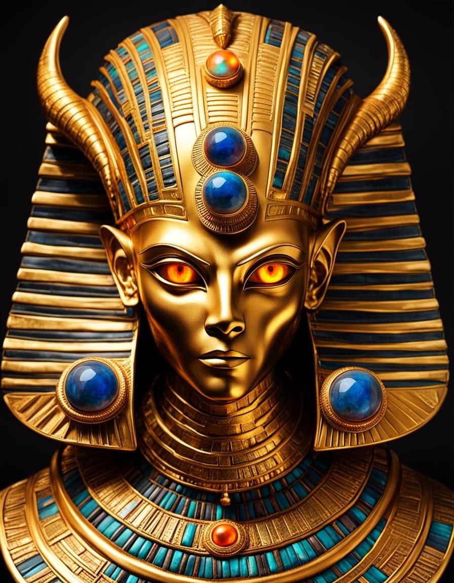 scenic picture of a golden alien god, wide face, orange glow...