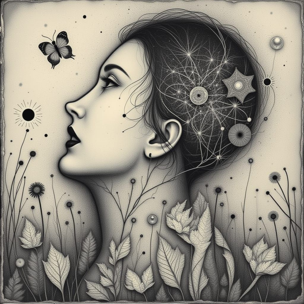 <lora:Black And White 3:1.0>  black and white,   woman  mystical and poetic dreamlike Paul Klee, surreal and celestial, etching & delicate a...