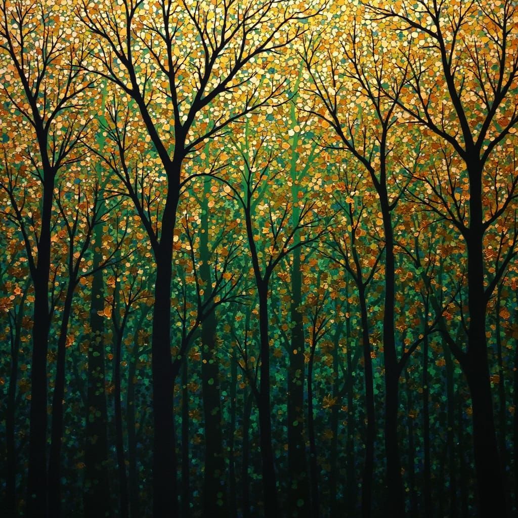 A pattern of trees with fine leaf detail, in rich shades of green and gold, deep hues, intricate masterpiece painting, beautiful, luminous, ...