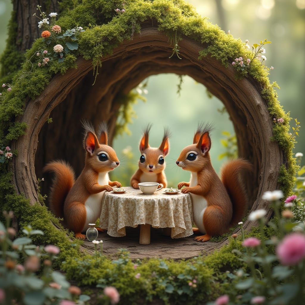A squirrel family wearing Victorian clothing, gathered around a miniature table set within a hollow log, enjoying a tea party. The log is ad...