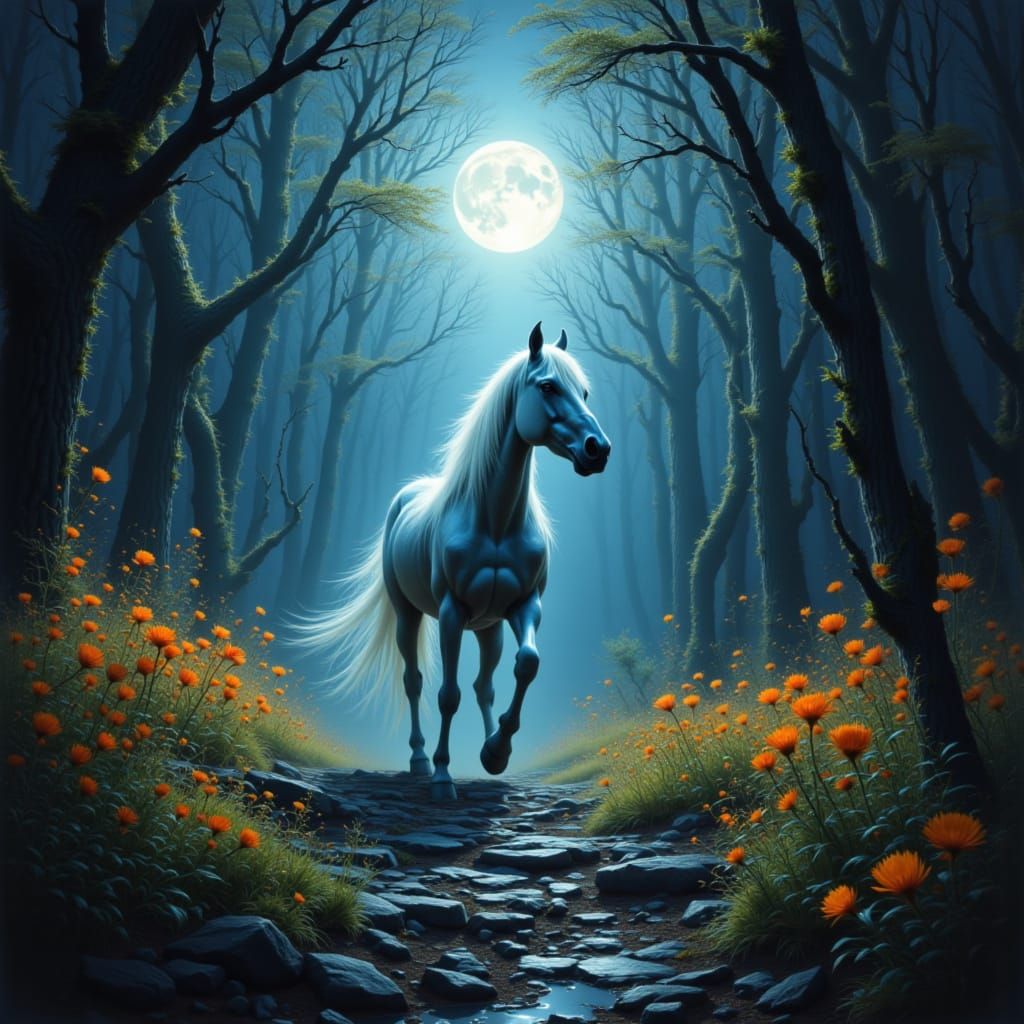<lora:RandArtz:1.0> An enchanted forest clearing bathed in ethereal moonlight, where a spectral steed with a shimmering mane gallops through...