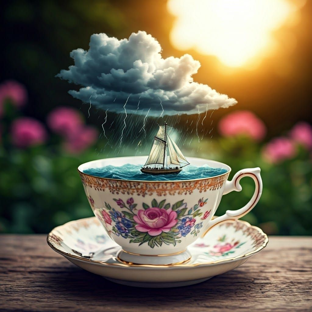 Whimsical Stormy Teacup Scene in a Sunlit Garden