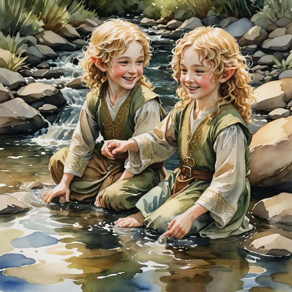 Elven children playing in the stream