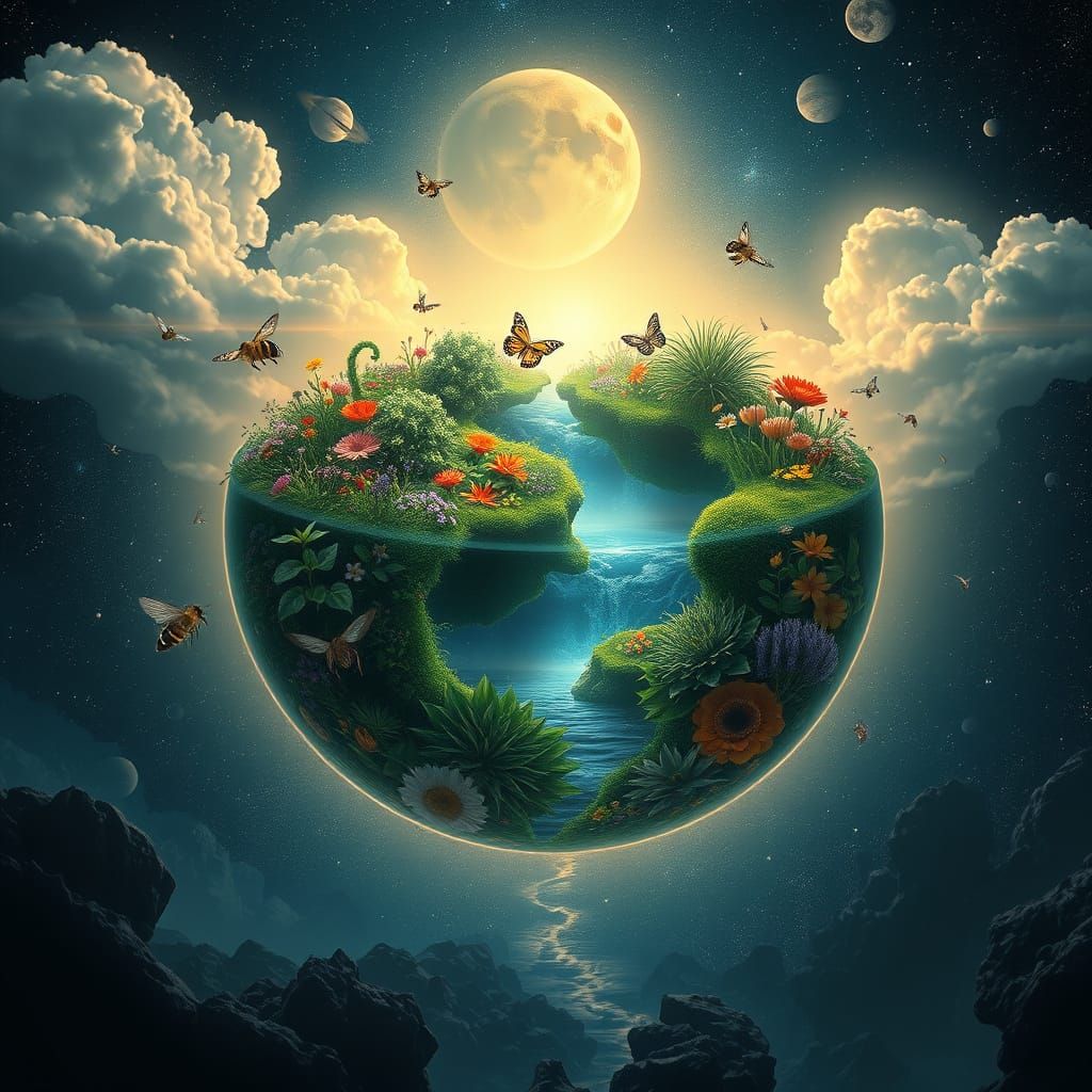 A small bowl of the earth (world) standing in the air, fluently from the middle to the bottom some nature, ...  by @Bandarook