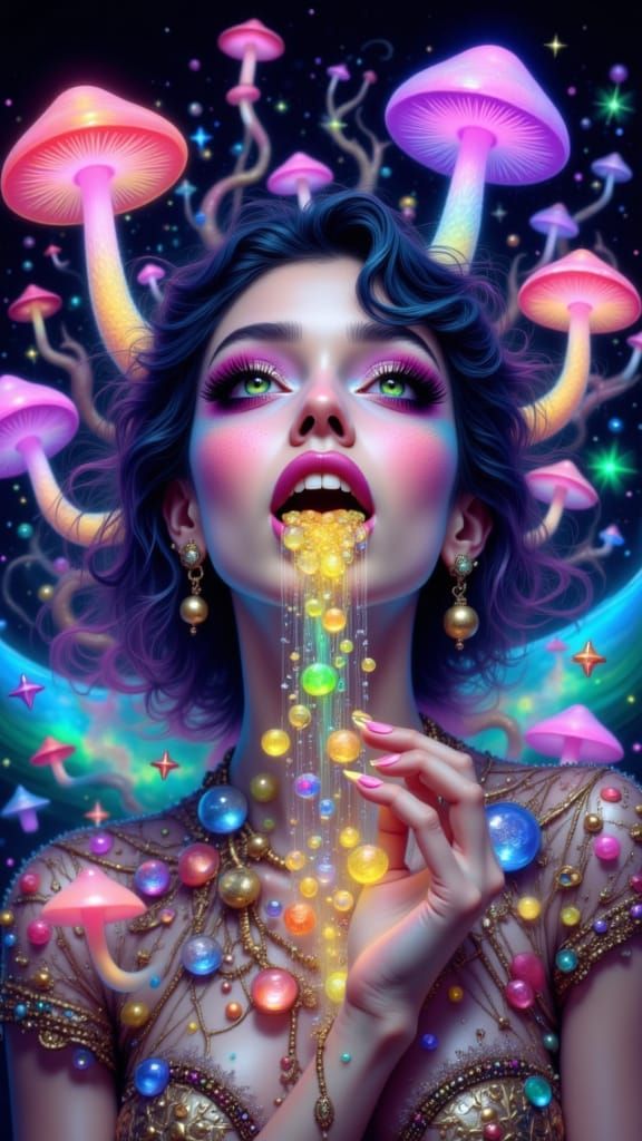 Woman With Money Mouth Amidst Psychedelic Mushrooms