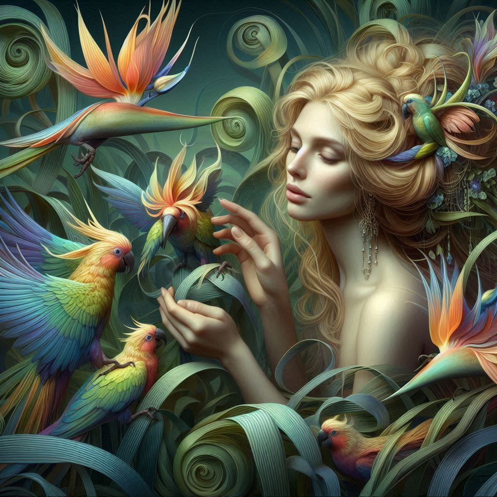 tenderly gathering sustenance for the vibrant, iridescent Parrots