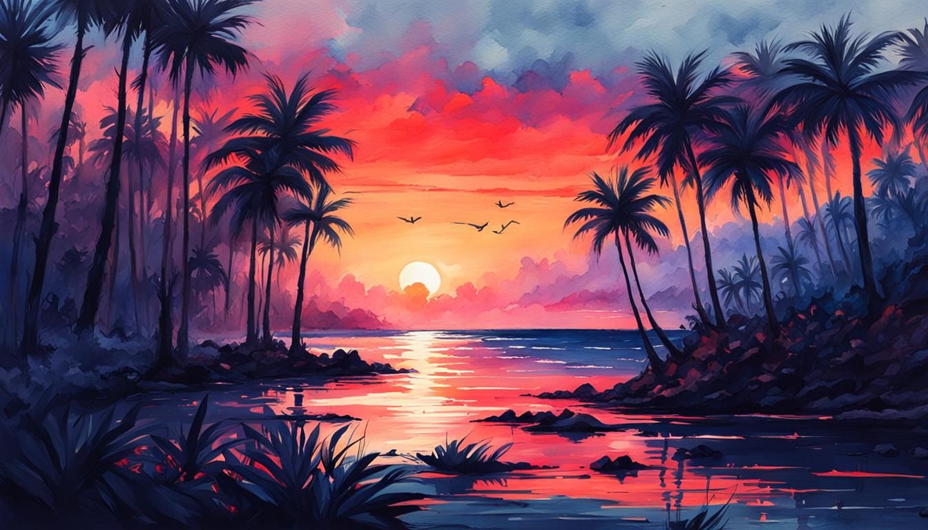 Tropical Sunset: A Watercolor Matte Painting