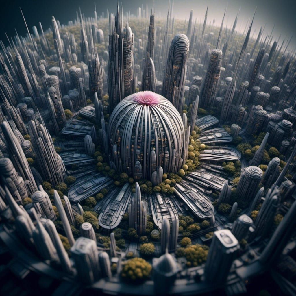 <lora:Bloomopolis:1.0> macrophotography of a diminutive futuristic city build between the petals of a flower