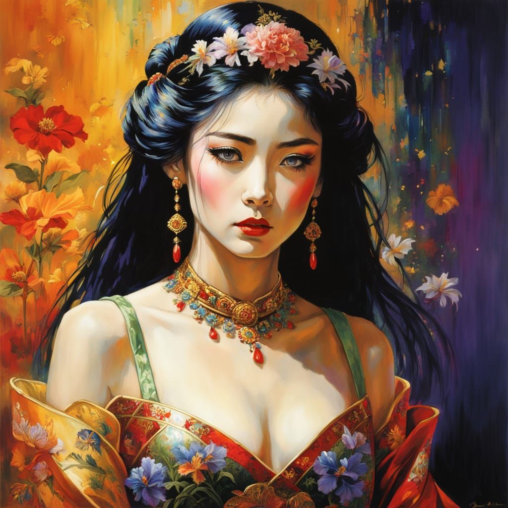 Surreal Geisha Goddess Amidst Celestial Beauty
