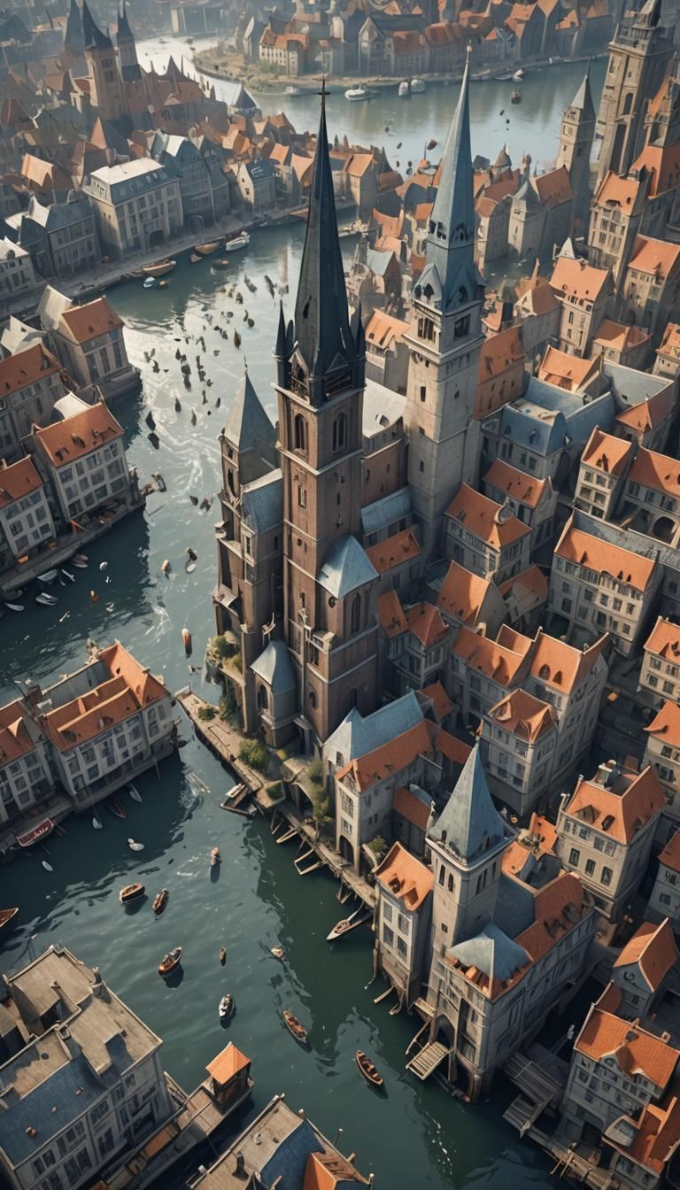city of spires, flock of birds, harbor, overcast