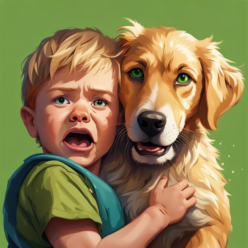 Boy With Dog Crying: Hyperrealistic Splash Art