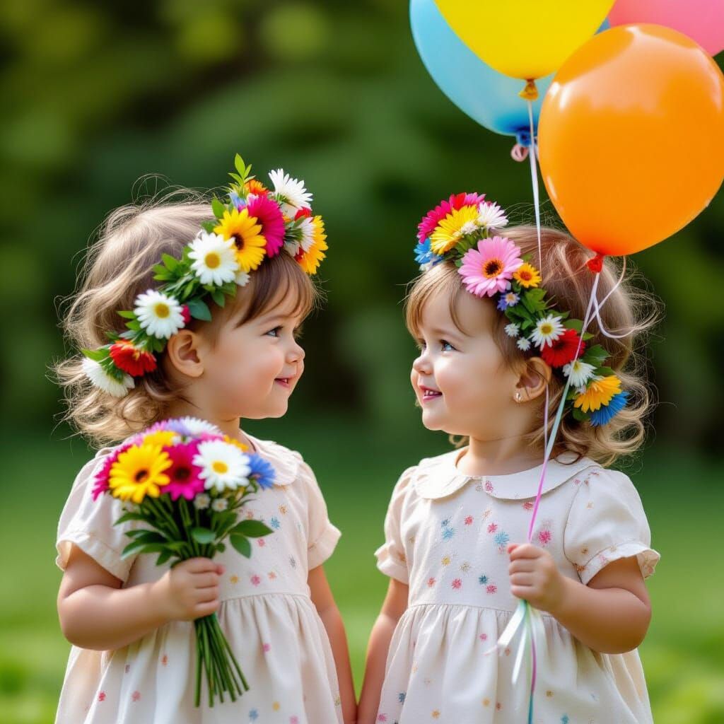 Identical Twins Hold Flowers and Balloons